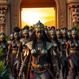 A strikingly sexy black African female warrior dressed in elaborate traditional armor, leading a captivating army of equally sexy female warriors