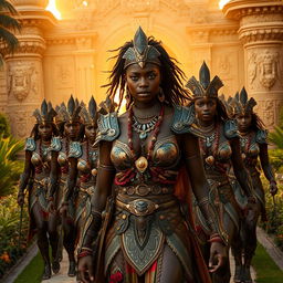 A strikingly sexy black African female warrior dressed in elaborate traditional armor, leading a captivating army of equally sexy female warriors