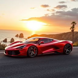 A stunning supercar parked on a scenic coastal road during sunset