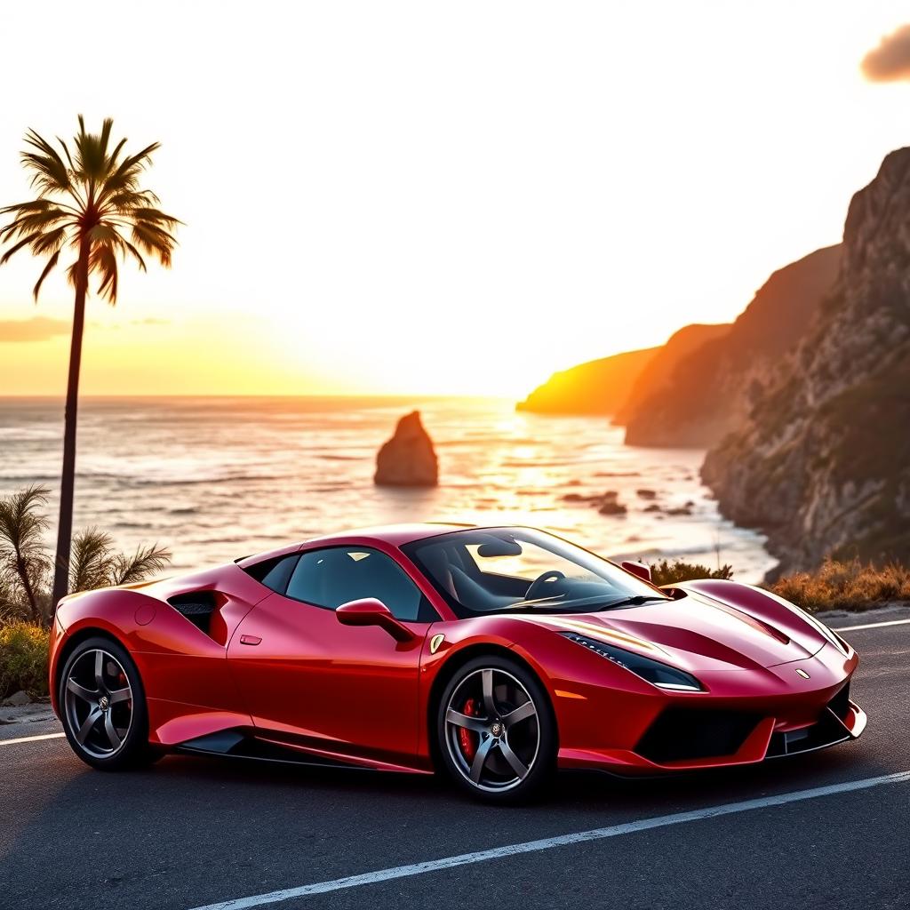 A stunning supercar parked on a scenic coastal road during sunset