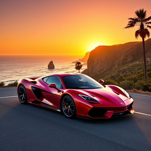 A stunning supercar parked on a scenic coastal road during sunset