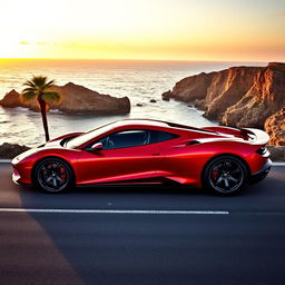 A stunning supercar parked on a scenic coastal road during sunset