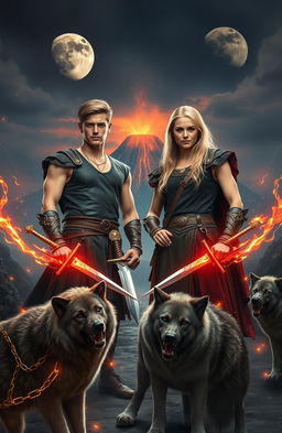 Two handsome young men and a beautiful young blonde woman stand strong in a brutal, medieval-inspired world