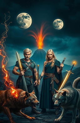 Two handsome young men and a beautiful young blonde woman stand strong in a brutal, medieval-inspired world