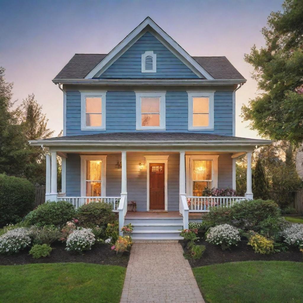 Generate an image of a cozy, two-story house with warm lighting, a welcoming front porch, situated in a blooming garden under clear, blue skies.