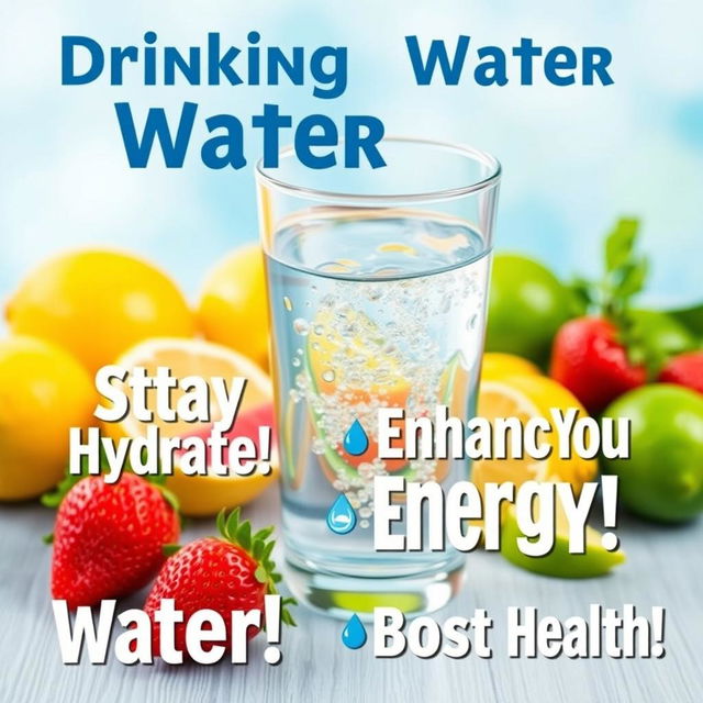 A vibrant and informative poster emphasizing the importance of drinking water, featuring a large, visually appealing graphic of a clear glass of water with droplets, surrounded by fresh fruits like lemons, limes, and strawberries to symbolize hydration