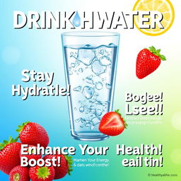 A vibrant and informative poster emphasizing the importance of drinking water, featuring a large, visually appealing graphic of a clear glass of water with droplets, surrounded by fresh fruits like lemons, limes, and strawberries to symbolize hydration