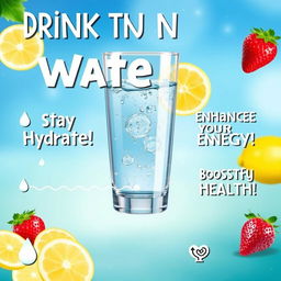 A vibrant and informative poster emphasizing the importance of drinking water, featuring a large, visually appealing graphic of a clear glass of water with droplets, surrounded by fresh fruits like lemons, limes, and strawberries to symbolize hydration