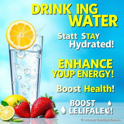A vibrant and informative poster emphasizing the importance of drinking water, featuring a large, visually appealing graphic of a clear glass of water with droplets, surrounded by fresh fruits like lemons, limes, and strawberries to symbolize hydration