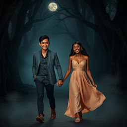 A beautiful African girl with bright eyes walking hand in hand with her Asian lover
