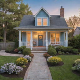 Generate an image of a cozy, two-story house with warm lighting, a welcoming front porch, situated in a blooming garden under clear, blue skies.