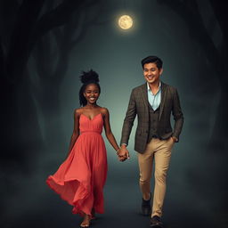 A beautiful African girl with bright eyes walking hand in hand with her Asian lover