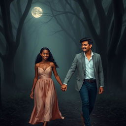 A beautiful African girl with bright eyes walking hand in hand with her Asian lover