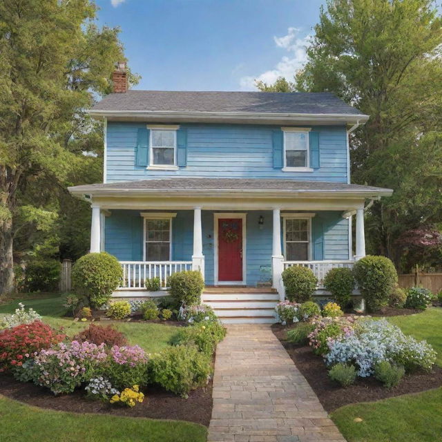 Generate an image of a cozy, two-story house with warm lighting, a welcoming front porch, situated in a blooming garden under clear, blue skies.