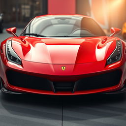 A breathtaking view of a red Ferrari supercar captured from the front perspective, showcasing its sleek aerodynamic design, sharp lines, and shiny finish