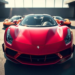 A breathtaking view of a red Ferrari supercar captured from the front perspective, showcasing its sleek aerodynamic design, sharp lines, and shiny finish