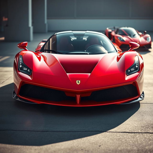 A breathtaking view of a red Ferrari supercar captured from the front perspective, showcasing its sleek aerodynamic design, sharp lines, and shiny finish