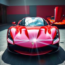 A breathtaking view of a red Ferrari supercar captured from the front perspective, showcasing its sleek aerodynamic design, sharp lines, and shiny finish