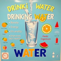 A vibrant and educational poster emphasizing the importance of drinking water