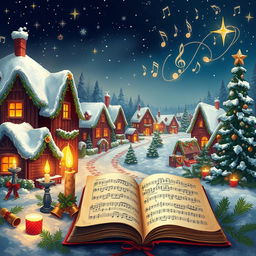 A cozy and festive scene depicting a snowy village during Christmas, featuring a rich palette of red, green, gold, and silver colors, enhanced with warm, twinkling lights such as stars and garlands
