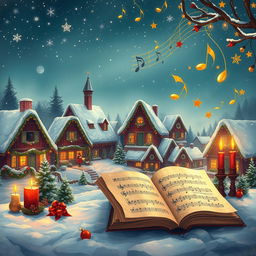 A cozy and festive scene depicting a snowy village during Christmas, featuring a rich palette of red, green, gold, and silver colors, enhanced with warm, twinkling lights such as stars and garlands