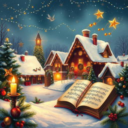 A cozy and festive scene depicting a snowy village during Christmas, featuring a rich palette of red, green, gold, and silver colors, enhanced with warm, twinkling lights such as stars and garlands
