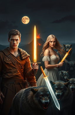 Two cleanshaven handsome young men wearing rugged medieval garb and a beautiful young blonde woman in a flowing dress are embarking on an adventure in a brutal and violent world reminiscent of medieval Earth