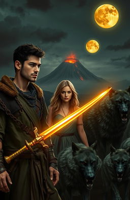 Two cleanshaven handsome young men wearing rugged medieval garb and a beautiful young blonde woman in a flowing dress are embarking on an adventure in a brutal and violent world reminiscent of medieval Earth