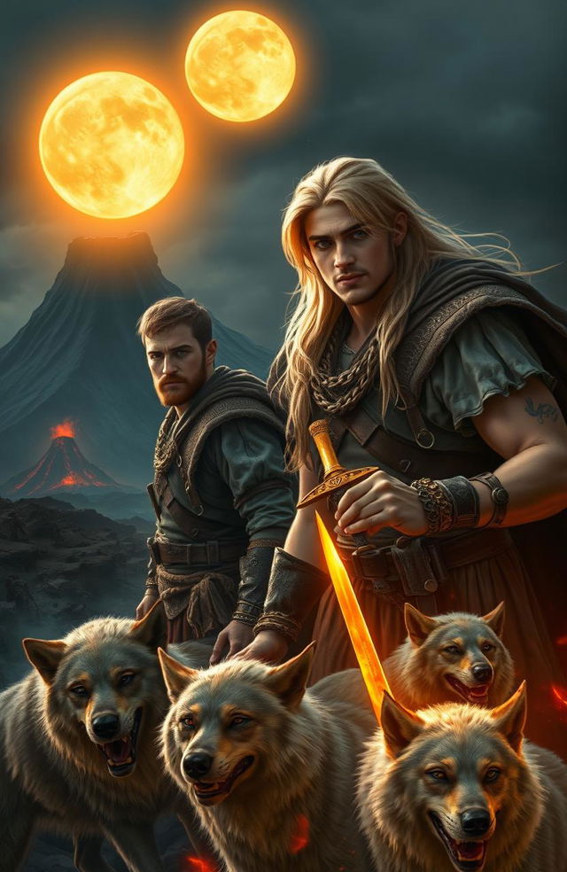 Two cleanshaven handsome young men wearing rugged medieval garb and a beautiful young blonde woman in a flowing dress are embarking on an adventure in a brutal and violent world reminiscent of medieval Earth