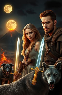 Two cleanshaven handsome young men wearing rugged medieval garb and a beautiful young blonde woman in a flowing dress are embarking on an adventure in a brutal and violent world reminiscent of medieval Earth