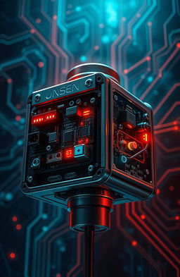 A highly detailed and artistic representation of a sophisticated sensor device, showcasing intricate components and circuitry