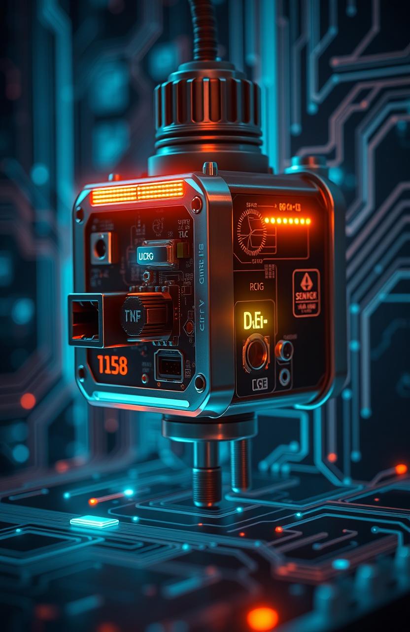 A highly detailed and artistic representation of a sophisticated sensor device, showcasing intricate components and circuitry