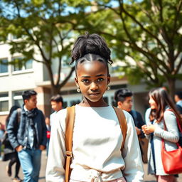 A beautiful African girl with bright eyes standing alone in front of a school, surrounded by a group of Korean individuals