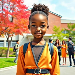 A beautiful African girl with bright eyes standing alone in front of a school, surrounded by a group of Korean individuals