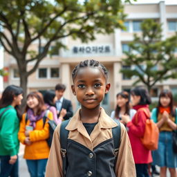 A beautiful African girl with bright eyes standing alone in front of a school, surrounded by a group of Korean individuals