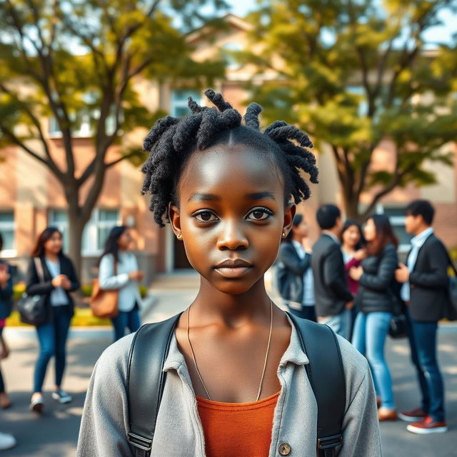 A beautiful African girl with bright eyes standing alone in front of a school, surrounded by a group of Korean individuals