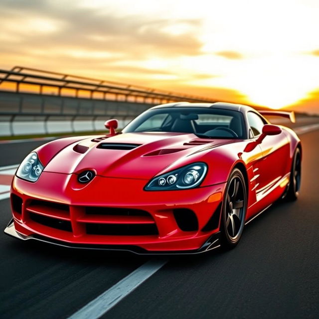 A stunning and dynamic blend of a Mercedes-Benz SLR McLaren and a Dodge Viper, showcasing a unique supercar design that combines the sleek aerodynamic curves and aggressive stance of both vehicles