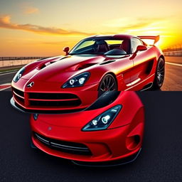 A stunning and dynamic blend of a Mercedes-Benz SLR McLaren and a Dodge Viper, showcasing a unique supercar design that combines the sleek aerodynamic curves and aggressive stance of both vehicles