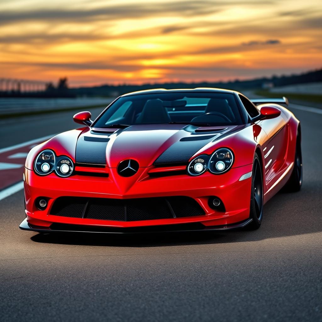 A stunning and dynamic blend of a Mercedes-Benz SLR McLaren and a Dodge Viper, showcasing a unique supercar design that combines the sleek aerodynamic curves and aggressive stance of both vehicles