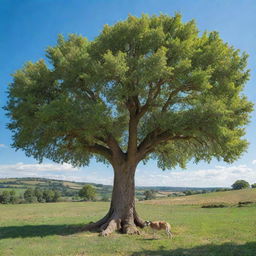 A lush, healthy tree thriving under a blue sky in daylight. Under it, a shepherd rests in the shade, watching over the countryside.