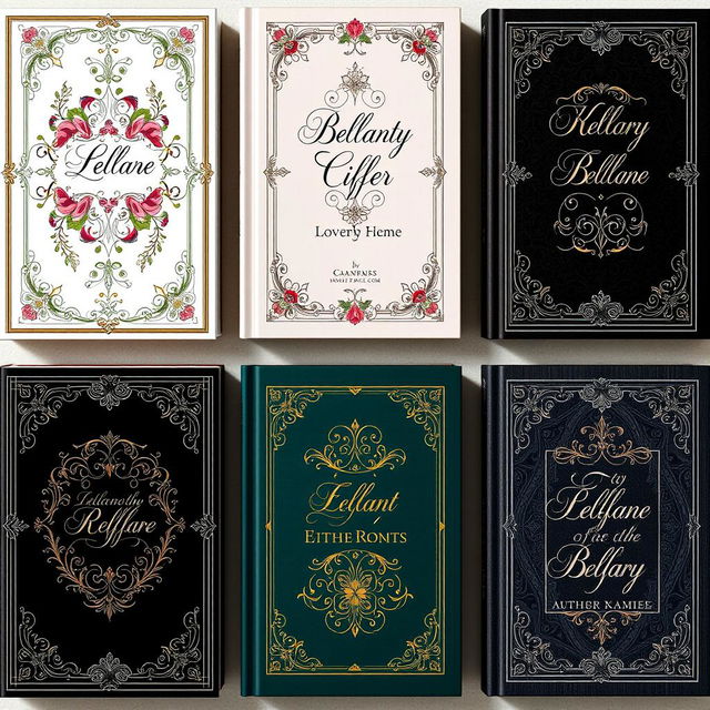 A collection of elegant book covers featuring intricate floral patterns and sophisticated calligraphy