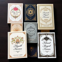 A collection of elegant book covers featuring intricate floral patterns and sophisticated calligraphy