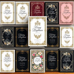 A collection of elegant book covers featuring intricate floral patterns and sophisticated calligraphy