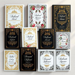 A collection of elegant book covers featuring intricate floral patterns and sophisticated calligraphy