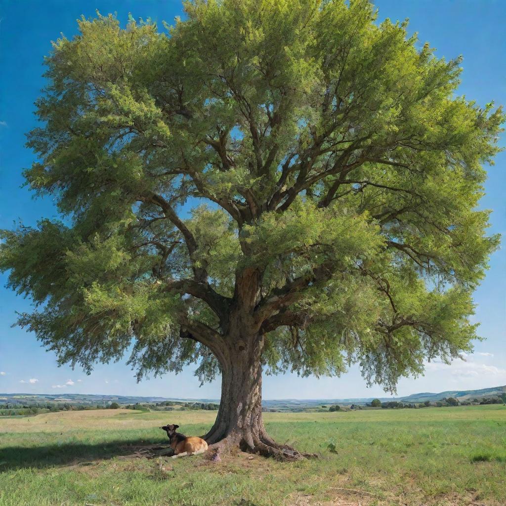 A lush, healthy tree thriving under a blue sky in daylight. Under it, a shepherd rests in the shade, watching over the countryside.