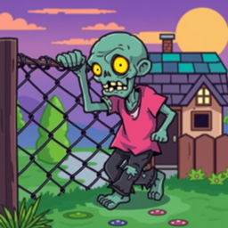 A 2D pixel art zombie with glowing yellow eyes struggles to climb over a chain-link fence