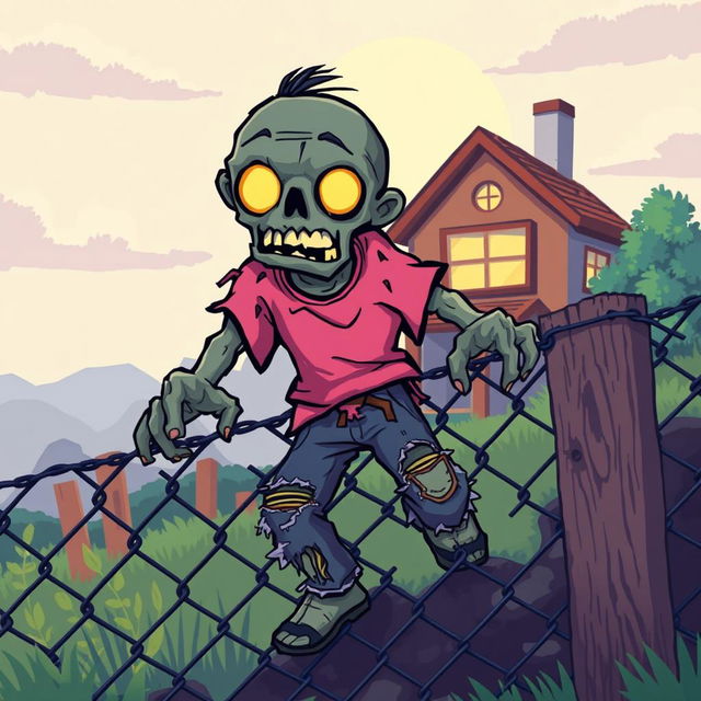 A 2D pixel art zombie with glowing yellow eyes struggles to climb over a chain-link fence