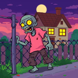 A 2D pixel art zombie with glowing yellow eyes struggles to climb over a chain-link fence