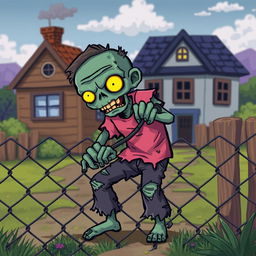 A 2D pixel art zombie with glowing yellow eyes struggles to climb over a chain-link fence