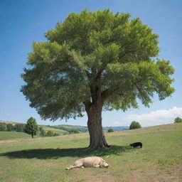 A lush, healthy tree thriving under a blue sky in daylight. Under it, a shepherd rests in the shade, watching over the countryside.